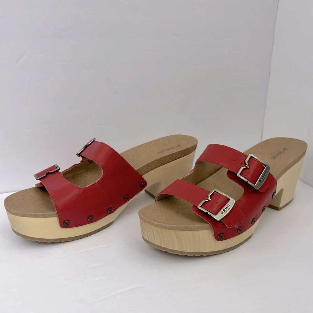 Dr Scholl’s SHOES, ORIGINAL VIBE PLATFORM, HEELED SLIDE SANDALS, RED LEATHER 11